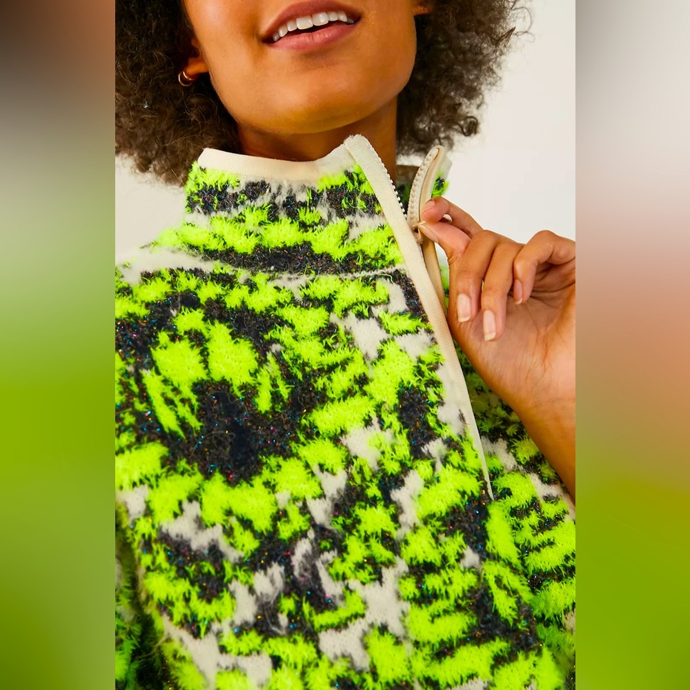 ANTHROPOLOGIE Cristina Fuzzy Neon Fleece Half Zip Pullover Sweater Sweatshirt - Picture 5 of 16